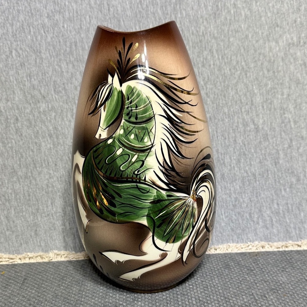 Vintage L. Scott Signed Ceramic Horse Vase Brown Green Gold Hand Painted 9.5"
